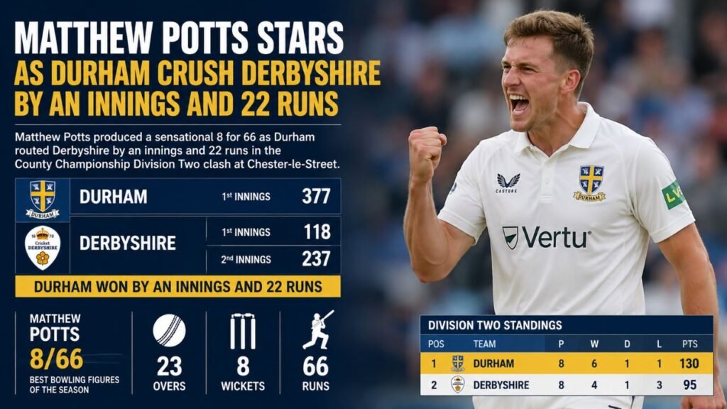Matthew Potts Stars as Durham Crush Derbyshire by an Innings and 22 Runs